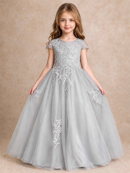 Cap Sleeve Lace Applique Tulle Flower Girl Dress Kids Wedding Party Princess Gown