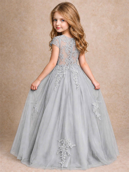 Cap Sleeve Lace Applique Tulle Flower Girl Dress Kids Wedding Party Princess Gown