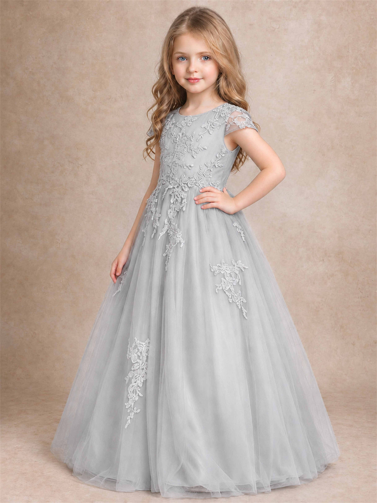 Cap Sleeve Lace Applique Tulle Flower Girl Dress Kids Wedding Party Princess Gown