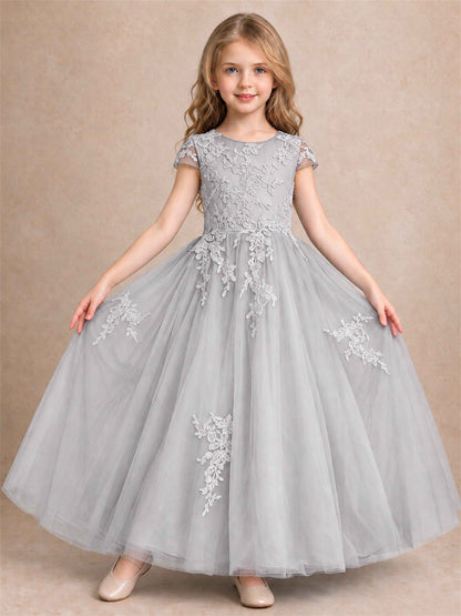 Cap Sleeve Lace Applique Tulle Flower Girl Dress Kids Wedding Party Princess Gown