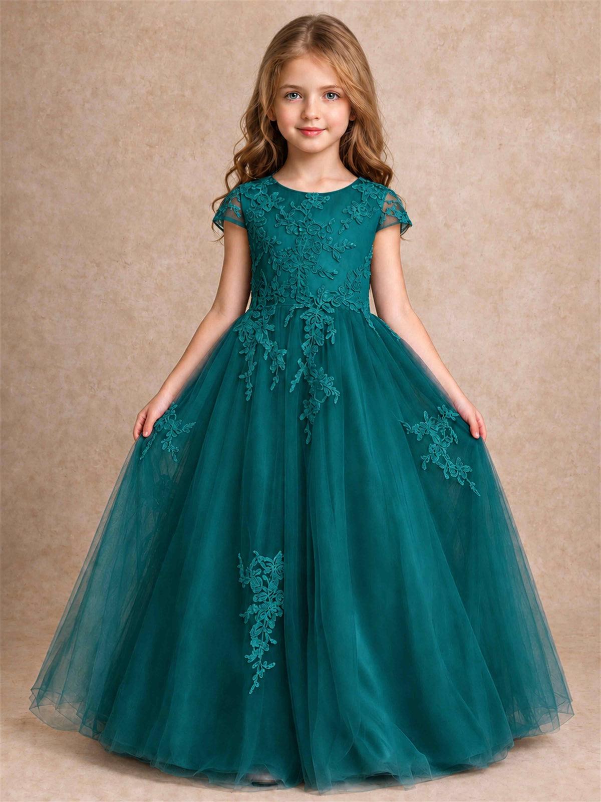 Cap Sleeve Lace Applique Tulle Flower Girl Dress Kids Wedding Party Princess Gown