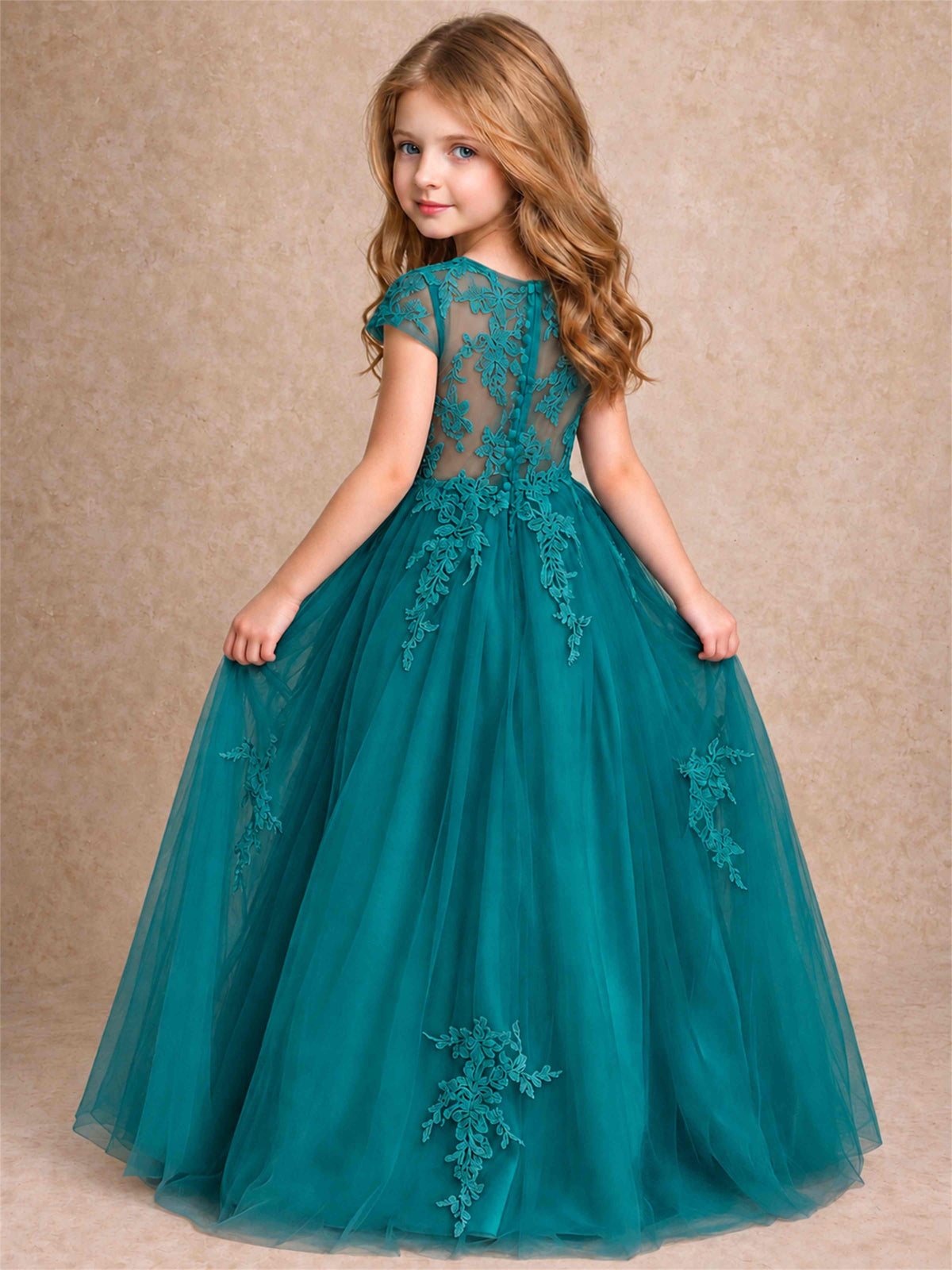 Cap Sleeve Lace Applique Tulle Flower Girl Dress Kids Wedding Party Princess Gown