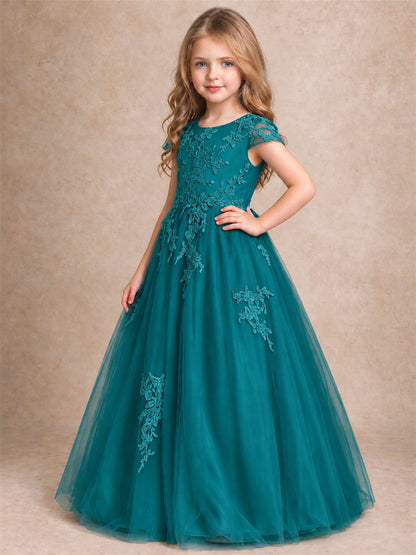 Cap Sleeve Lace Applique Tulle Flower Girl Dress Kids Wedding Party Princess Gown
