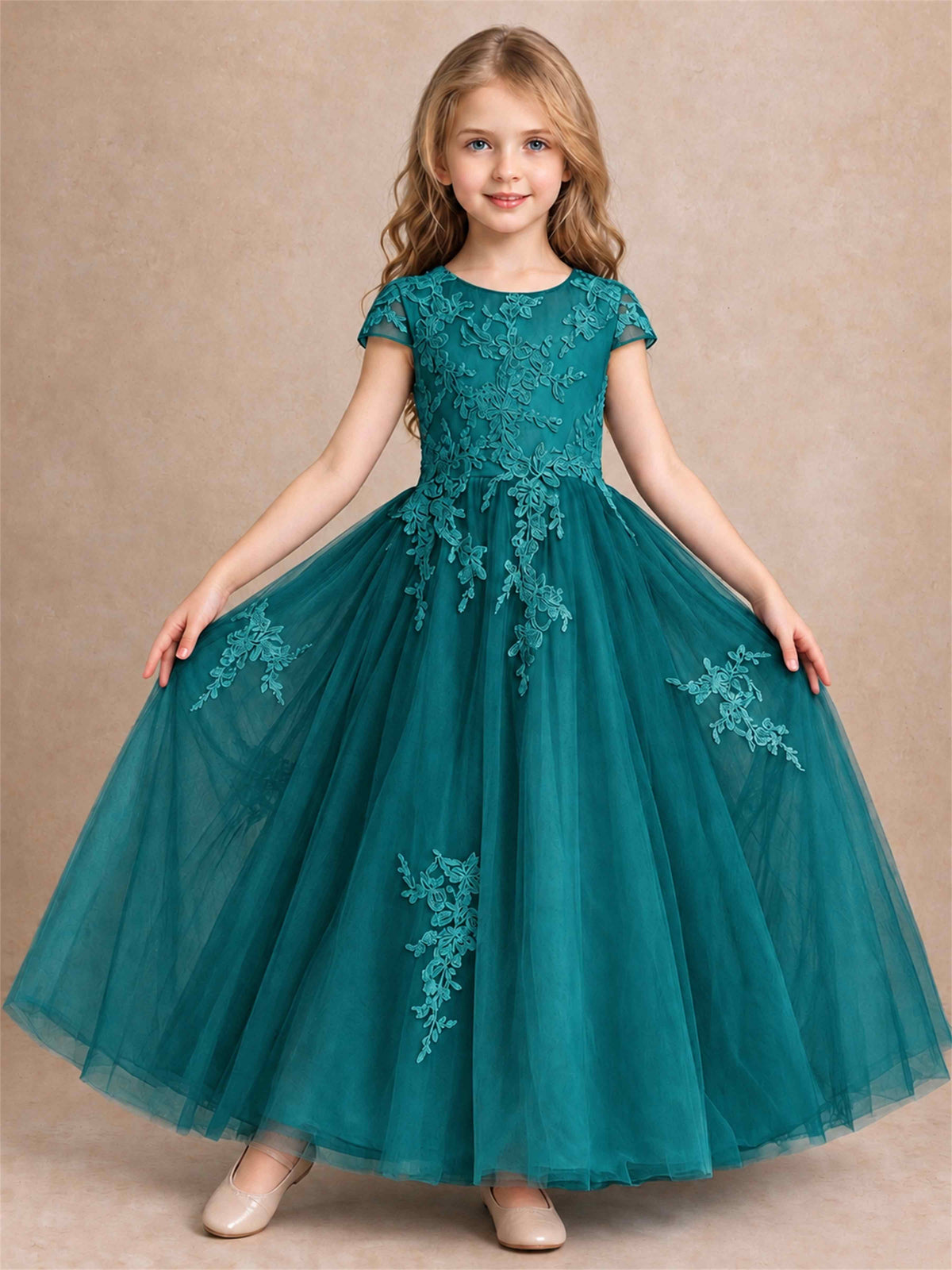 Cap Sleeve Lace Applique Tulle Flower Girl Dress Kids Wedding Party Princess Gown