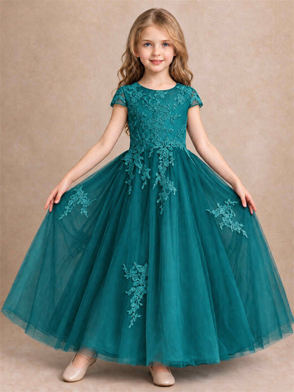 Cap Sleeve Lace Applique Tulle Flower Girl Dress Kids Wedding Party Princess Gown