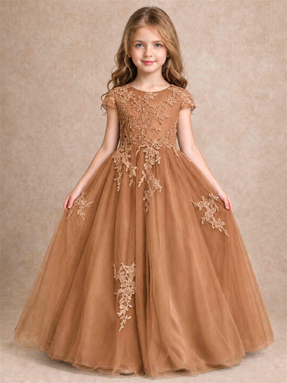 Cap Sleeve Lace Applique Tulle Flower Girl Dress Kids Wedding Party Princess Gown