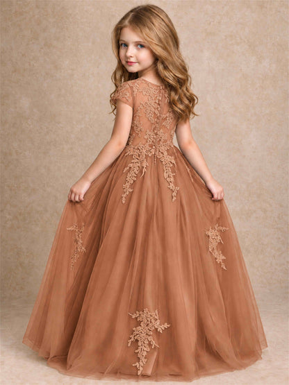 Cap Sleeve Lace Applique Tulle Flower Girl Dress Kids Wedding Party Princess Gown