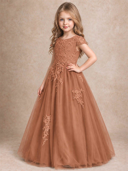 Cap Sleeve Lace Applique Tulle Flower Girl Dress Kids Wedding Party Princess Gown