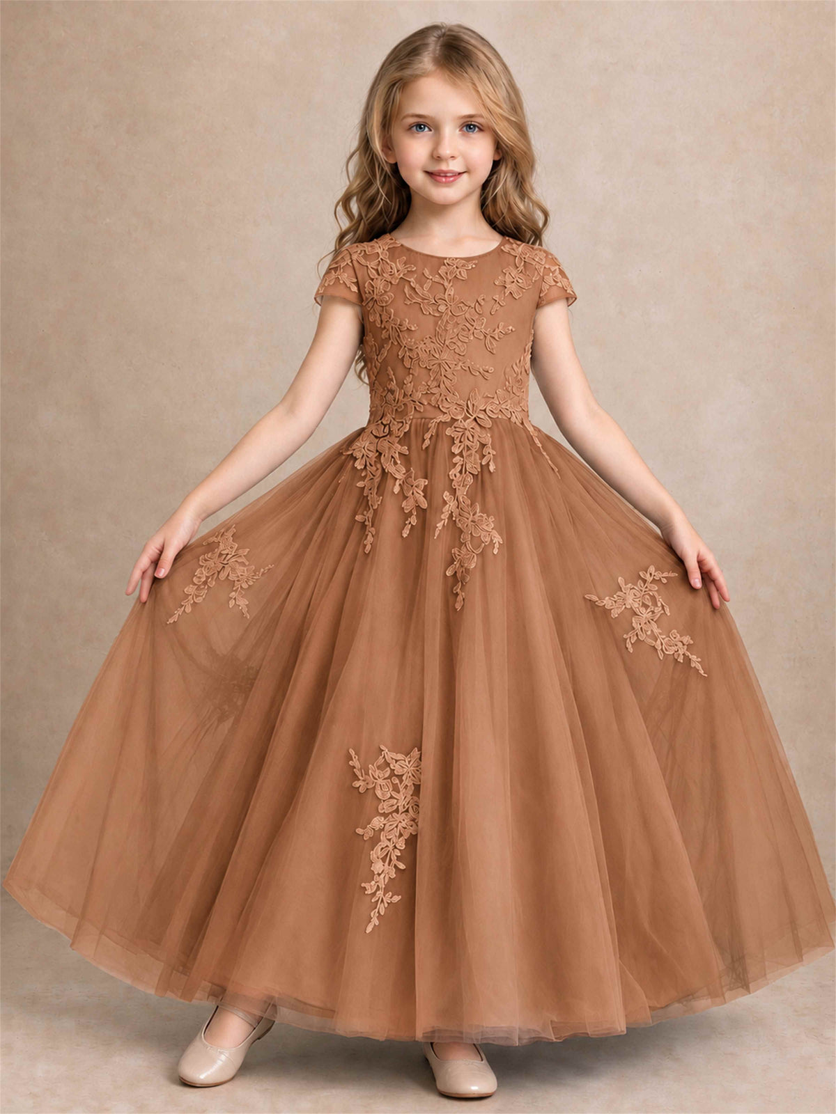 Cap Sleeve Lace Applique Tulle Flower Girl Dress Kids Wedding Party Princess Gown