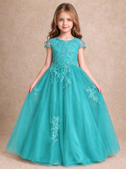 Cap Sleeve Lace Applique Tulle Flower Girl Dress Kids Wedding Party Princess Gown
