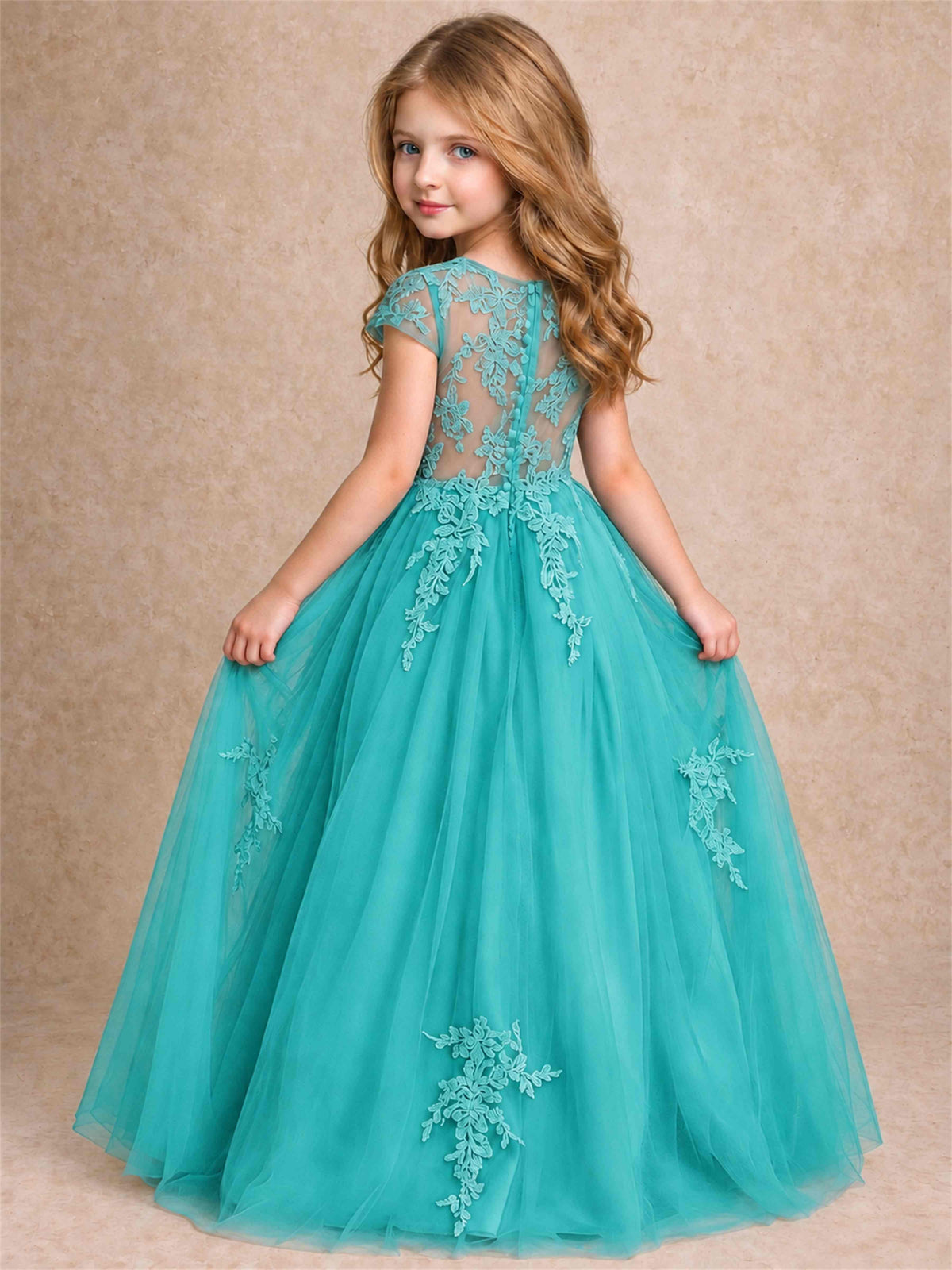 Cap Sleeve Lace Applique Tulle Flower Girl Dress Kids Wedding Party Princess Gown