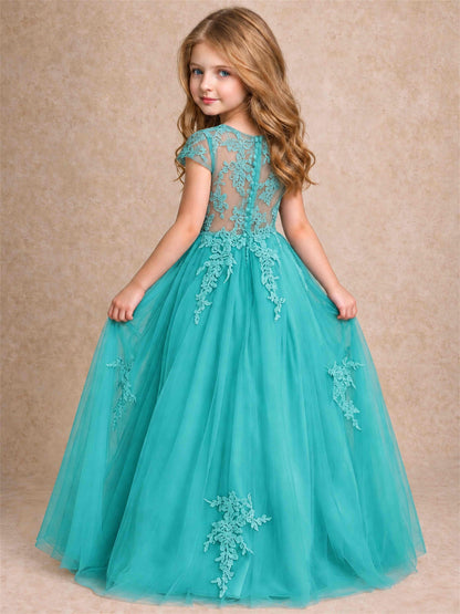 Cap Sleeve Lace Applique Tulle Flower Girl Dress Kids Wedding Party Princess Gown