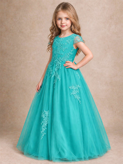 Cap Sleeve Lace Applique Tulle Flower Girl Dress Kids Wedding Party Princess Gown