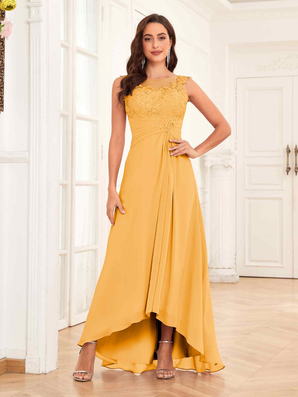 Mustard Charming Illusion Ruched High Low Chiffon Mother Of The Bride Dresses