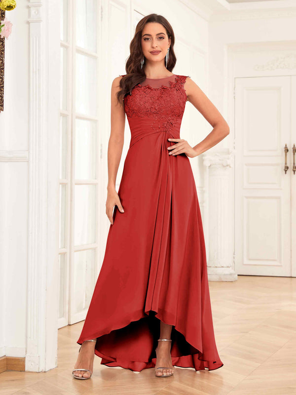 Red Charming Illusion Ruched High Low Chiffon Mother Of The Bride Dresses