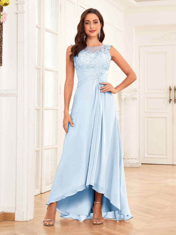 Sky Blue Charming Illusion Ruched High Low Chiffon Mother Of The Bride Dresses
