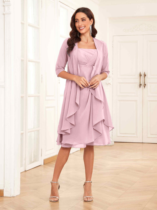 Candy Pink Free Shipping Charming Two-Pieces Ruched Short Chiffon Mother Of The Bride Dresses
