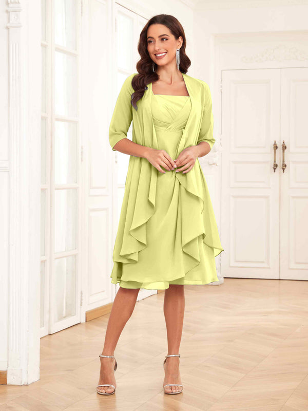 Daffodil Free Shipping Charming Two-Pieces Ruched Short Chiffon Mother Of The Bride Dresses