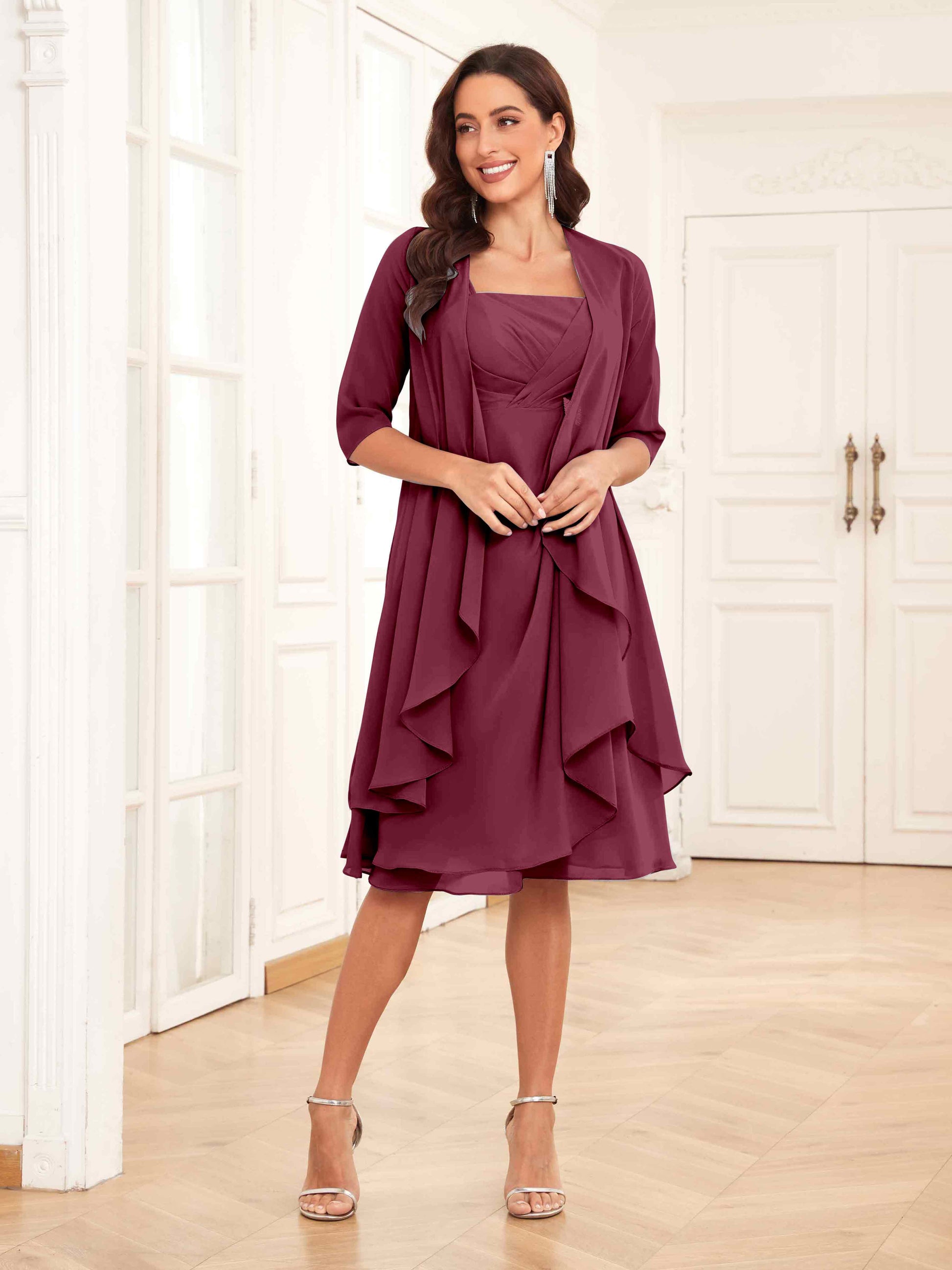 Charming Two-Pieces Ruched Short Chiffon Mother Of The Bride Dresses mollyevers.com Charming Two-Pieces Ruched Short Chiffon Mother Of The Bride Dresses mollyevers.com
