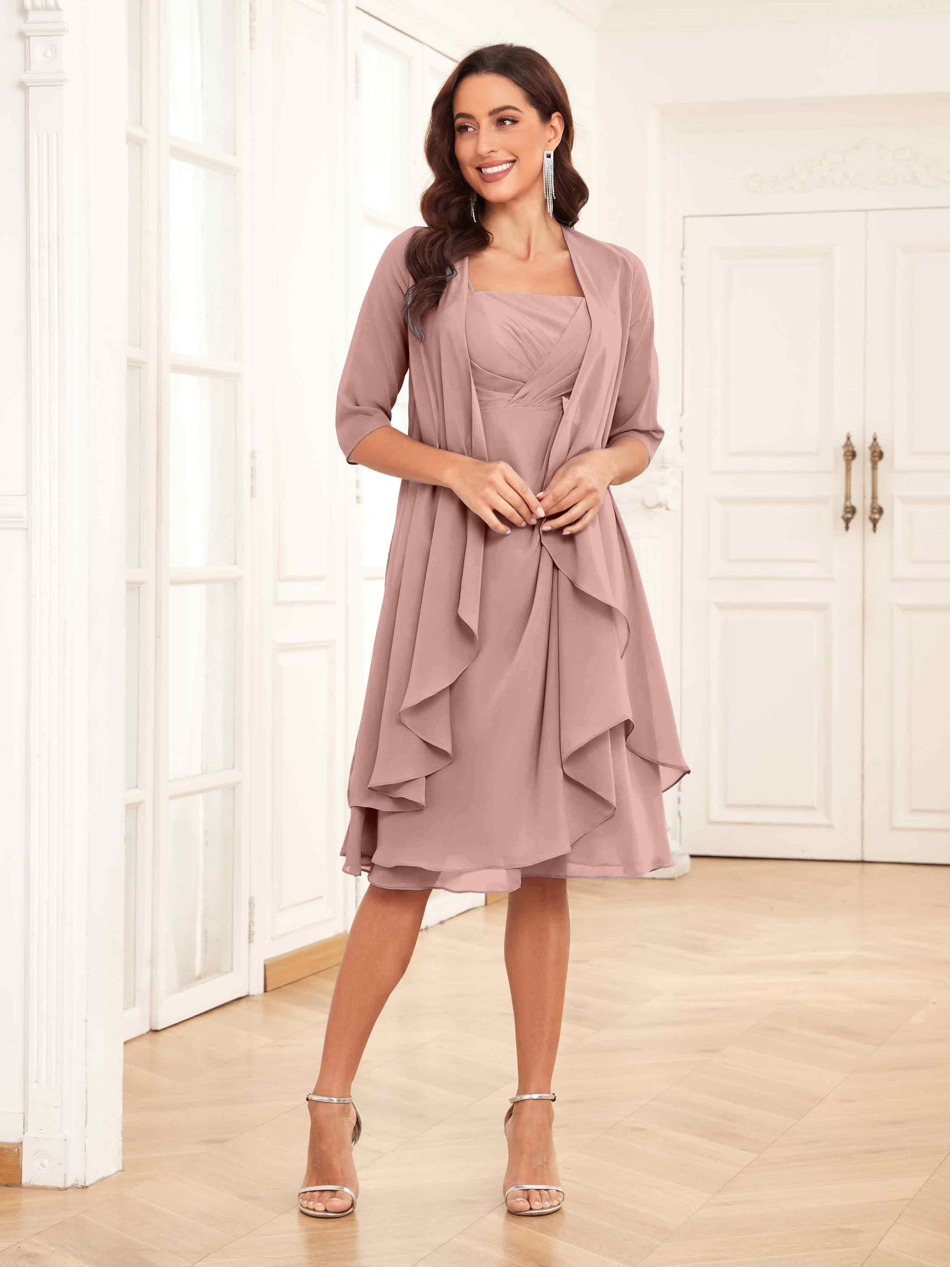 Charming Two-Pieces Ruched Short Chiffon Mother Of The Bride Dresses mollyevers.com Charming Two-Pieces Ruched Short Chiffon Mother Of The Bride Dresses mollyevers.com