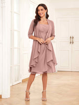 Free Shipping Charming Two-Pieces Ruched Short Chiffon Mother Of The Bride Dresses