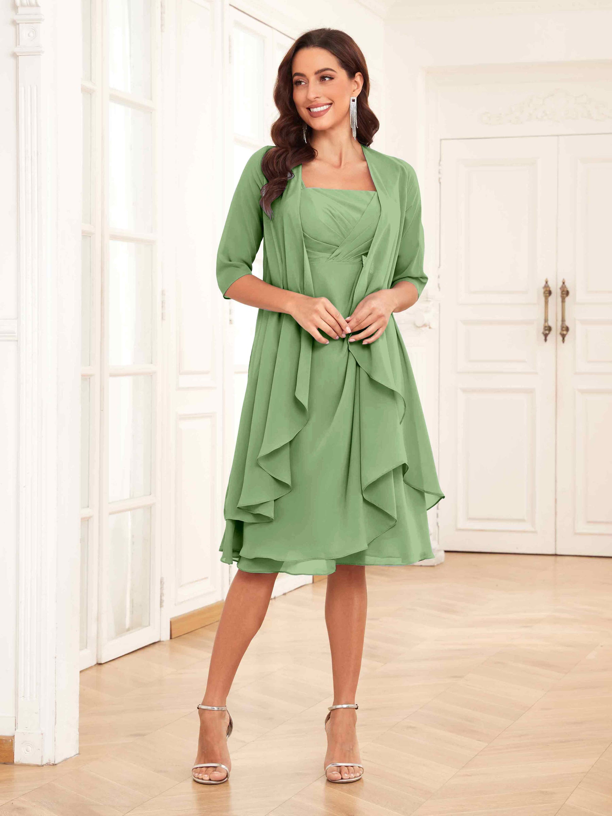 chiffon dresses short Charming Two-Pieces Ruched Short Chiffon Mother Of The Bride Dresses – mollyevers.com