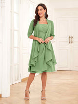Free Shipping Charming Two-Pieces Ruched Short Chiffon Mother Of The Bride Dresses