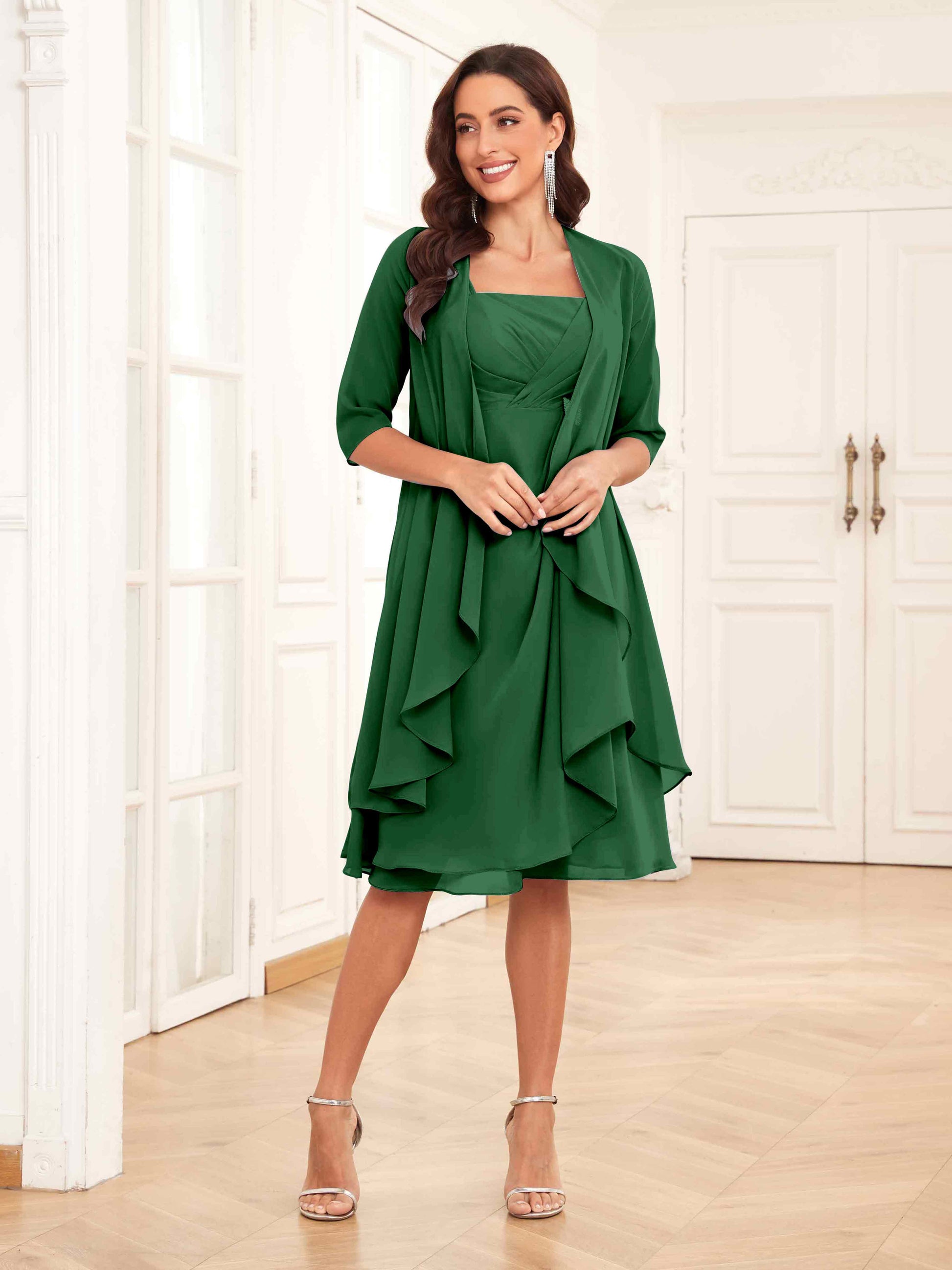 Charming Two-Pieces Ruched Short Chiffon Mother Of The Bride Dresses mollyevers.com Charming Two-Pieces Ruched Short Chiffon Mother Of The Bride Dresses mollyevers.com