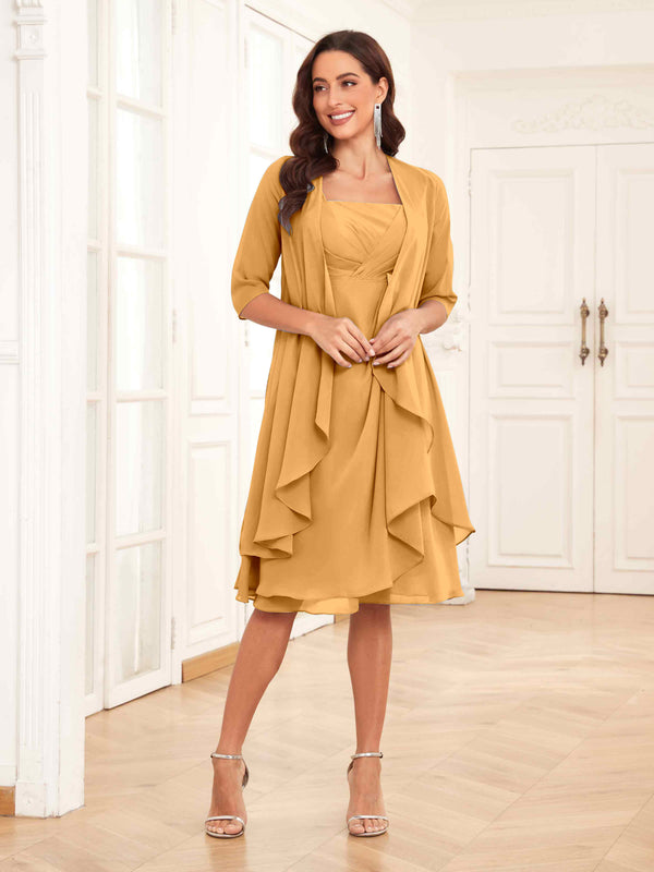 Mustard Free Shipping Charming Two-Pieces Ruched Short Chiffon Mother Of The Bride Dresses