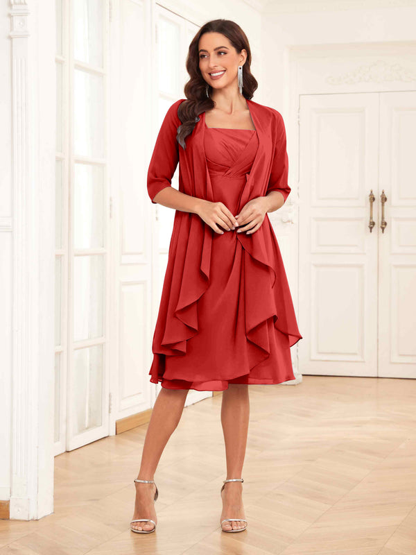 Red Free Shipping Charming Two-Pieces Ruched Short Chiffon Mother Of The Bride Dresses