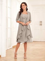 Free Shipping Charming Two-Pieces Ruched Short Chiffon Mother Of The Bride Dresses