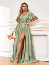 Charming V-Neck Flounce Sleeve Stretch Satin Prom Dresses with Slits