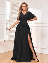 Charming V-Neck Short Sleeves Chiffon Bridesmaid Dresses with Slit