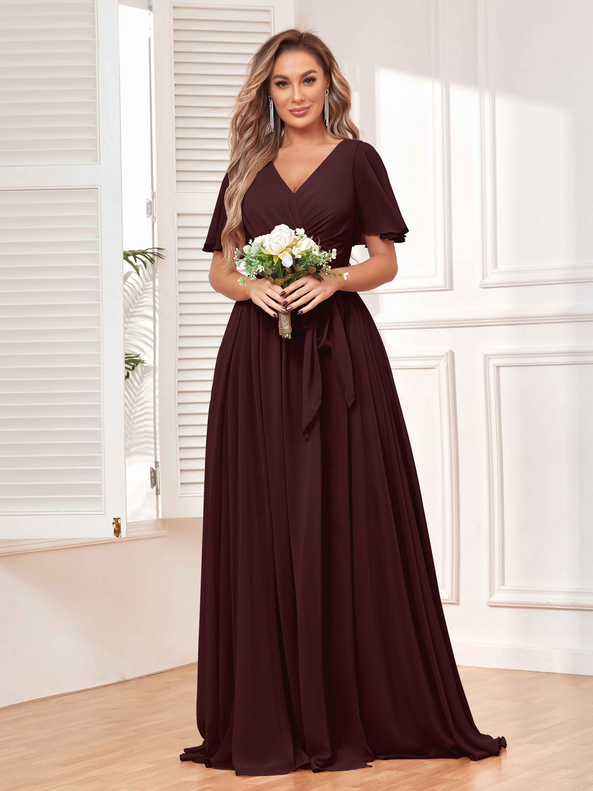 Charming V-Neck Short Sleeves Chiffon Bridesmaid Dresses with Slit mollyevers.com Charming V-Neck Short Sleeves Chiffon Bridesmaid Dresses with Slit mollyevers.com