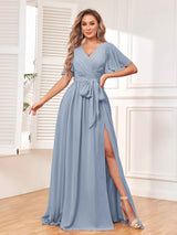 Charming V-Neck Short Sleeves Chiffon Bridesmaid Dresses with Slit