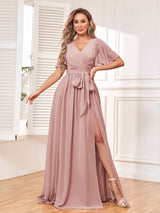Charming V-Neck Short Sleeves Chiffon Bridesmaid Dresses with Slit