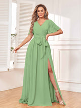 Charming V-Neck Short Sleeves Chiffon Bridesmaid Dresses with Slit