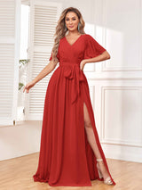 Charming V-Neck Short Sleeves Chiffon Bridesmaid Dresses with Slit