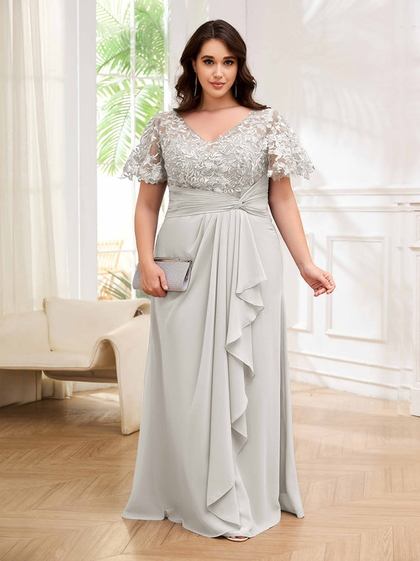 Ivory Charming V-Neck Chiffon Floor Length Plus Size Mother Of The Bride Dresses