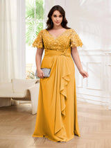 Charming V-Neck Chiffon Floor Length Plus Size Mother Of The Bride Dresses