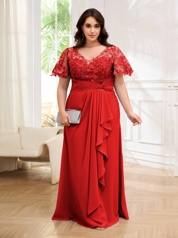 Red Charming V-Neck Chiffon Floor Length Plus Size Mother Of The Bride Dresses
