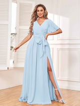 Charming V-Neck Short Sleeves Chiffon Bridesmaid Dresses with Slit