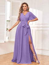 Charming V-Neck Short Sleeves Chiffon Bridesmaid Dresses with Slit