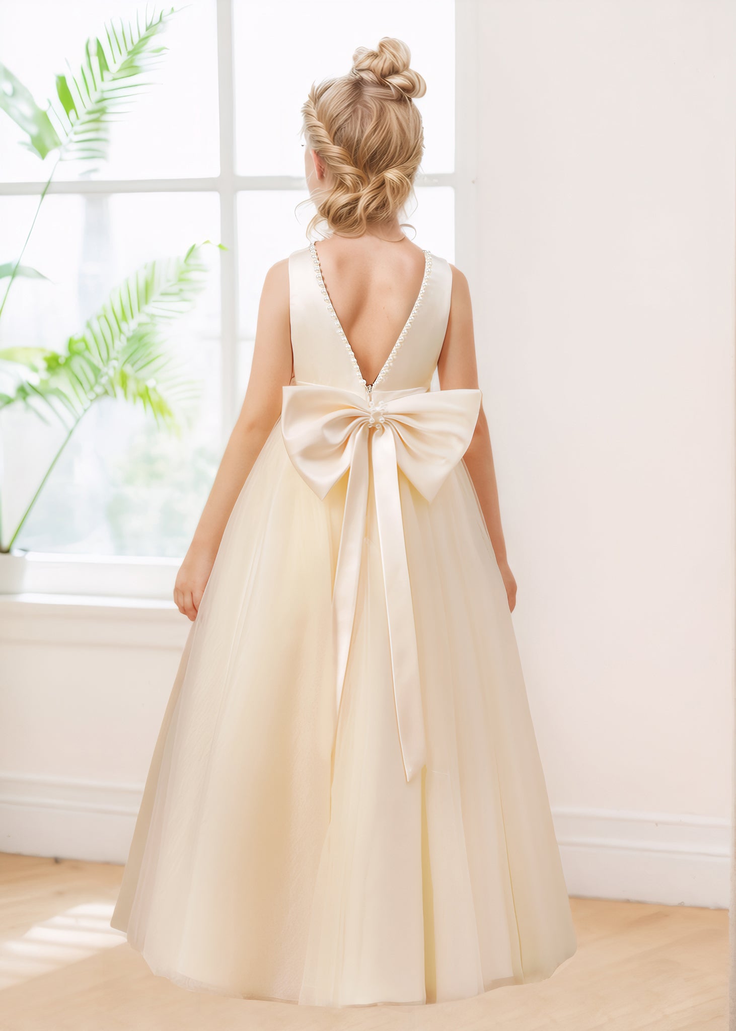 Chic A-Line Bow Back Satin Tulle Long Flower Girl Dresses