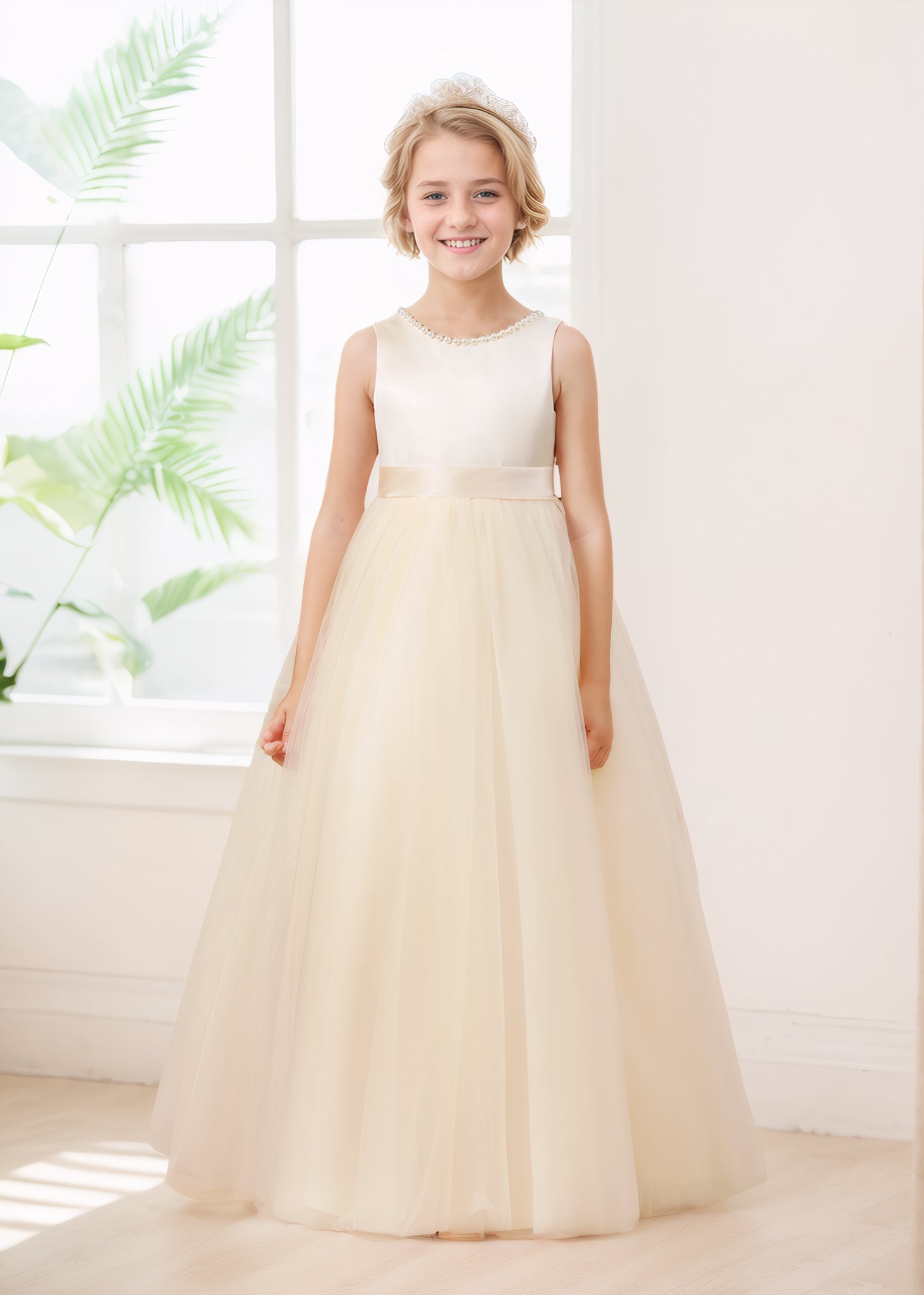 Chic A-Line Bow Back Satin Tulle Long Flower Girl Dresses