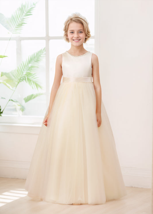 Chic A-Line Bow Back Satin Tulle Long Flower Girl Dresses