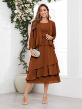 Chic A-Line Two Pieces Tiered Chiffon Midi Mother Of The Bride Dresses