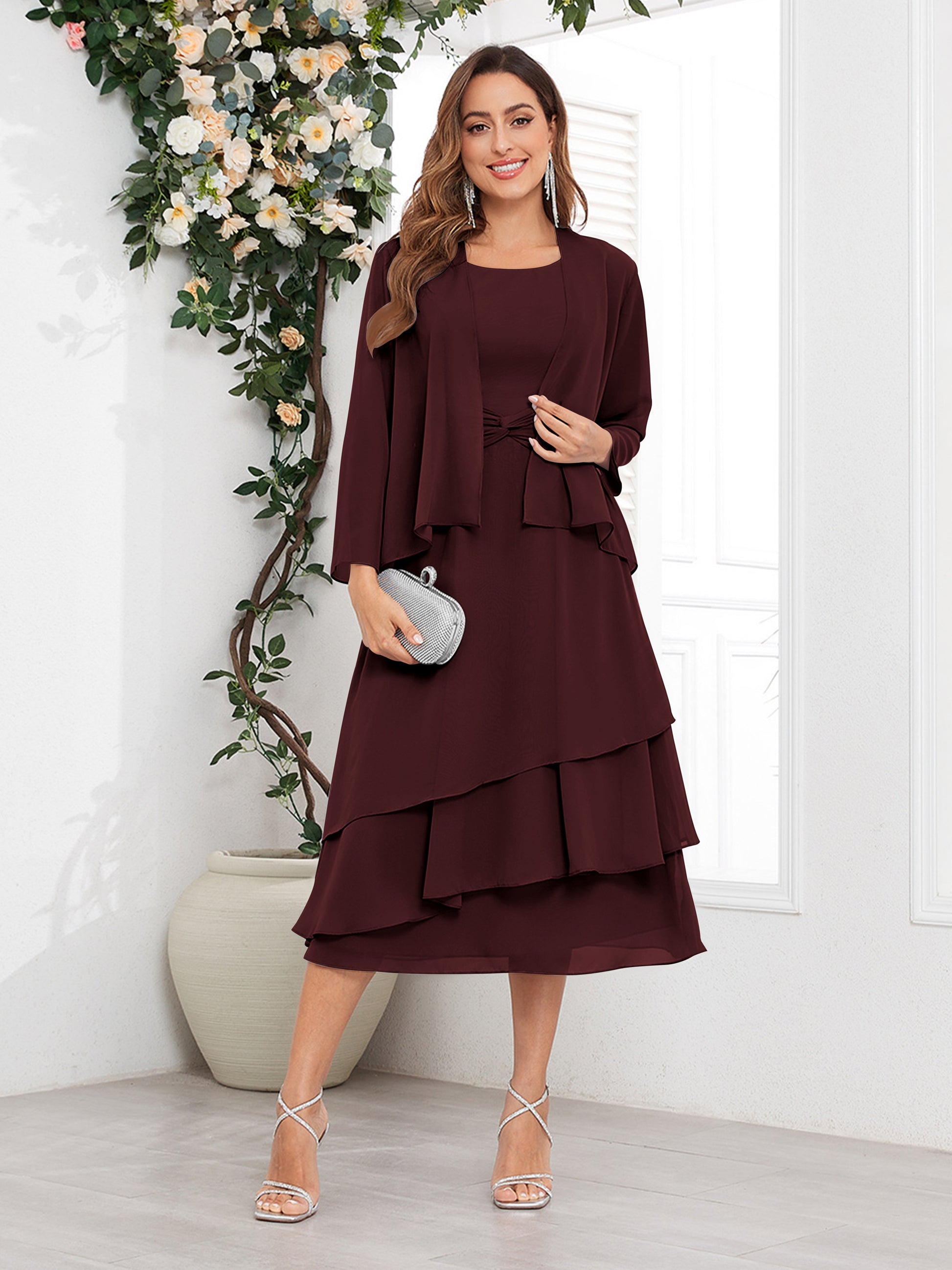 Chic A-Line Two Pieces Tiered Chiffon Midi Mother Of The Bride Dresses mollyevers.com Chic A-Line Two Pieces Tiered Chiffon Midi Mother Of The Bride Dresses mollyevers.com