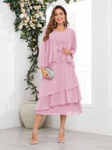 Chic A-Line Two Pieces Tiered Chiffon Midi Mother Of The Bride Dresses