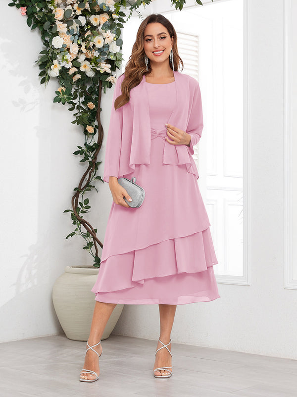 Candy Pink Chic A-Line Two Pieces Tiered Chiffon Midi Mother Of The Bride Dresses